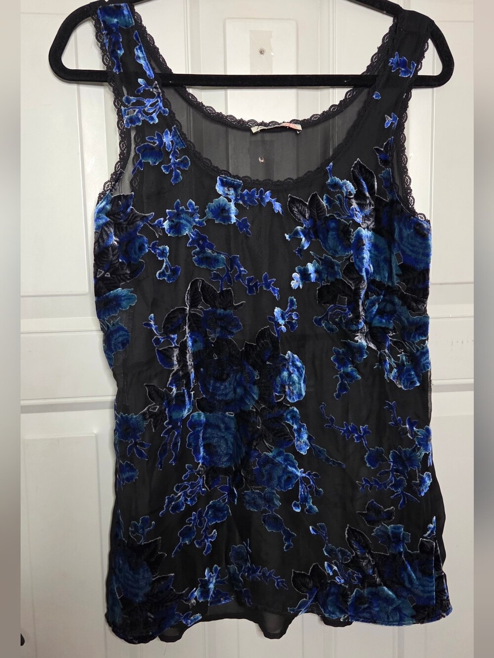 Love Squared Black Sheer Tank with Blue Floral Velvet Burnout